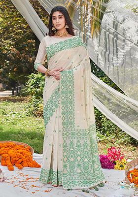 Green Woven Printed Cotton Saree Set