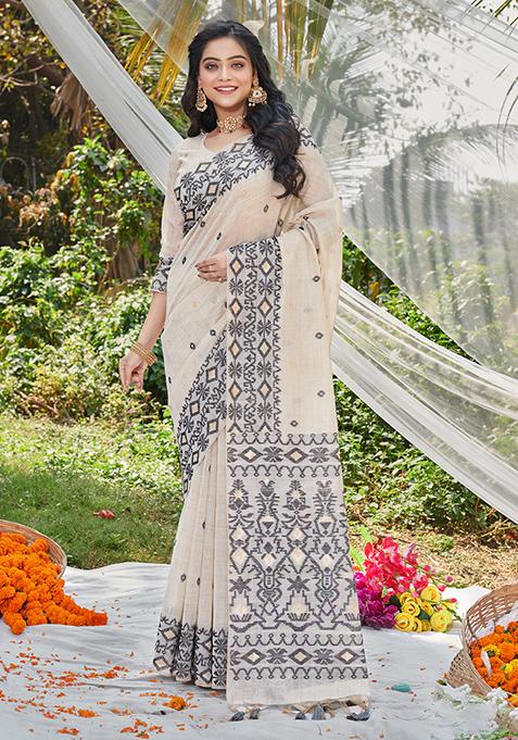 Black Woven Printed Cotton Saree Set