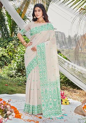 Sea Green Woven Printed Cotton Saree Set