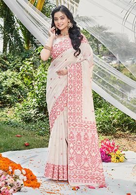 Maroon Woven Printed Cotton Saree Set