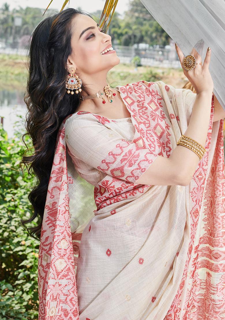 Maroon Woven Printed Cotton Saree Set