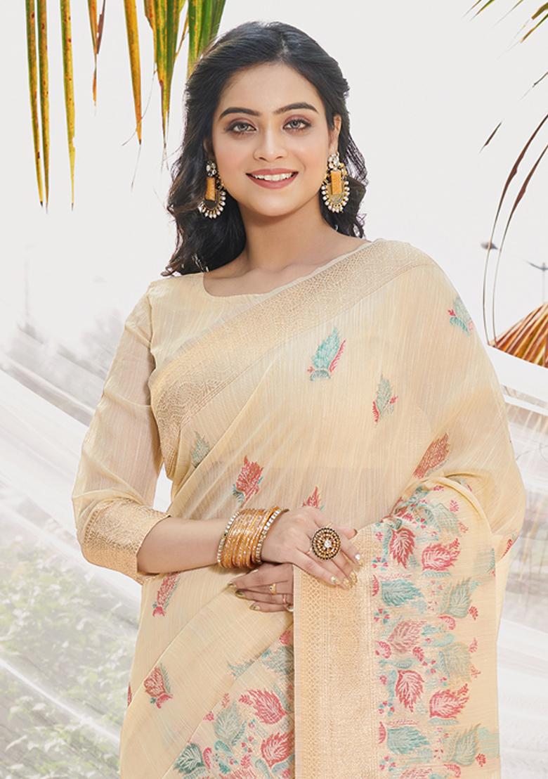 Cream Woven Printed Cotton Saree Set