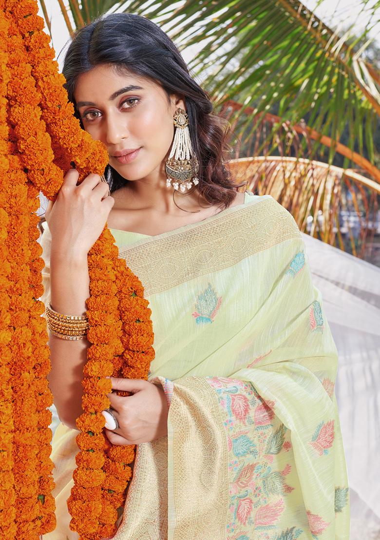 Pista Green Woven Printed Cotton Saree Set