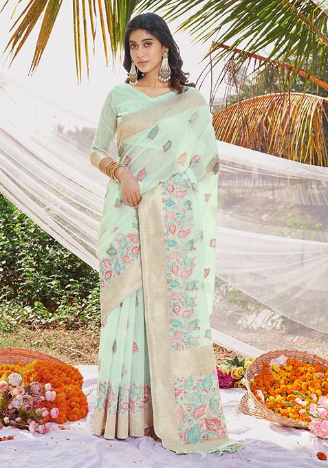 Sea Green Woven Printed Cotton Saree Set