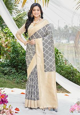Black Woven Printed Cotton Saree Set