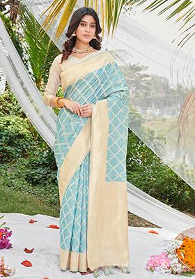 Sky Blue Woven Printed Cotton Saree Set