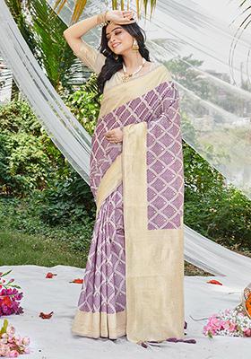 Purple Woven Printed Cotton Saree Set
