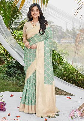 Green Woven Printed Cotton Saree Set