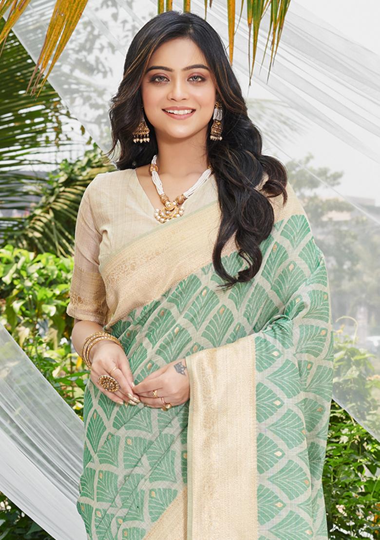 Green Woven Printed Cotton Saree Set