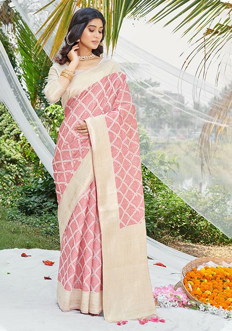 Pink Woven Printed Cotton Saree Set