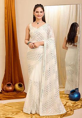 Cream Sequin Embroidered Georgette Saree Set