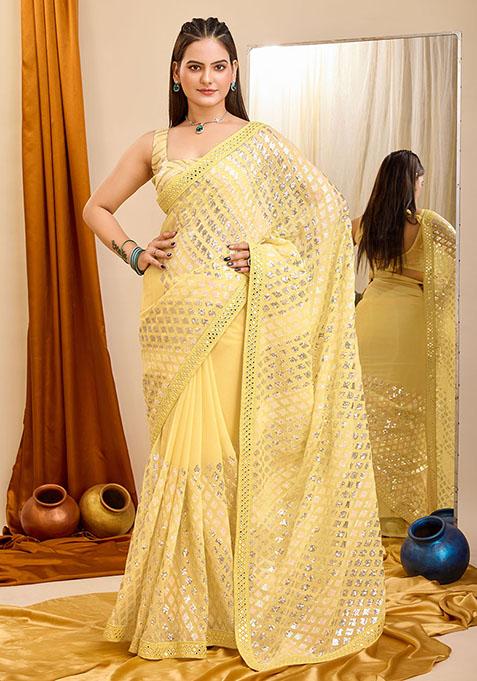 Yellow Sequin Embroidered Georgette Saree Set