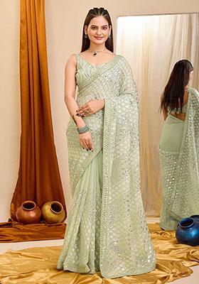 Pista Green Sequin Embroidered Georgette Saree Set