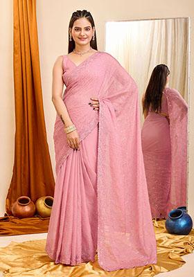 Pink Sequin Embroidered Georgette Saree Set