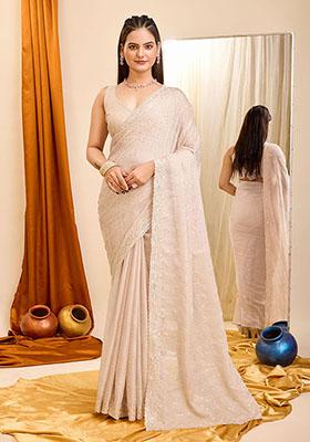 Peach Sequin Embroidered Georgette Saree Set