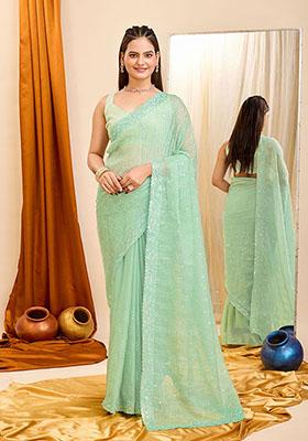 Sea Green Sequin Embroidered Georgette Saree Set