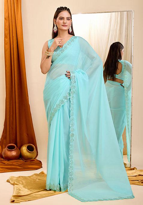 Sky Blue Sequin Embroidered Georgette Saree Set