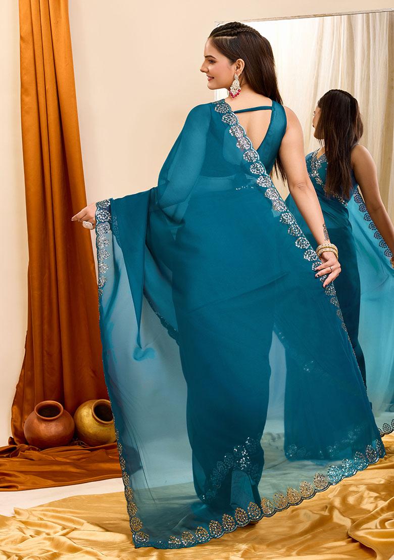 Teal Blue Sequin Embroidered Georgette Saree Set
