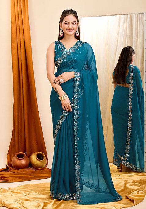 Teal Blue Sequin Embroidered Georgette Saree Set