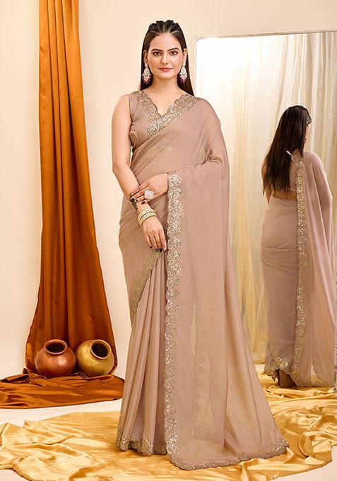 Brown Sequin Embroidered Georgette Saree Set