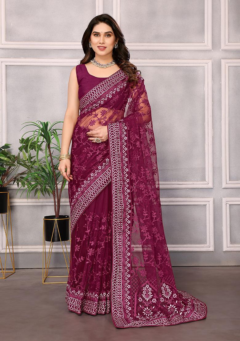 Wine Thread Embroidered Soft Net Saree Set