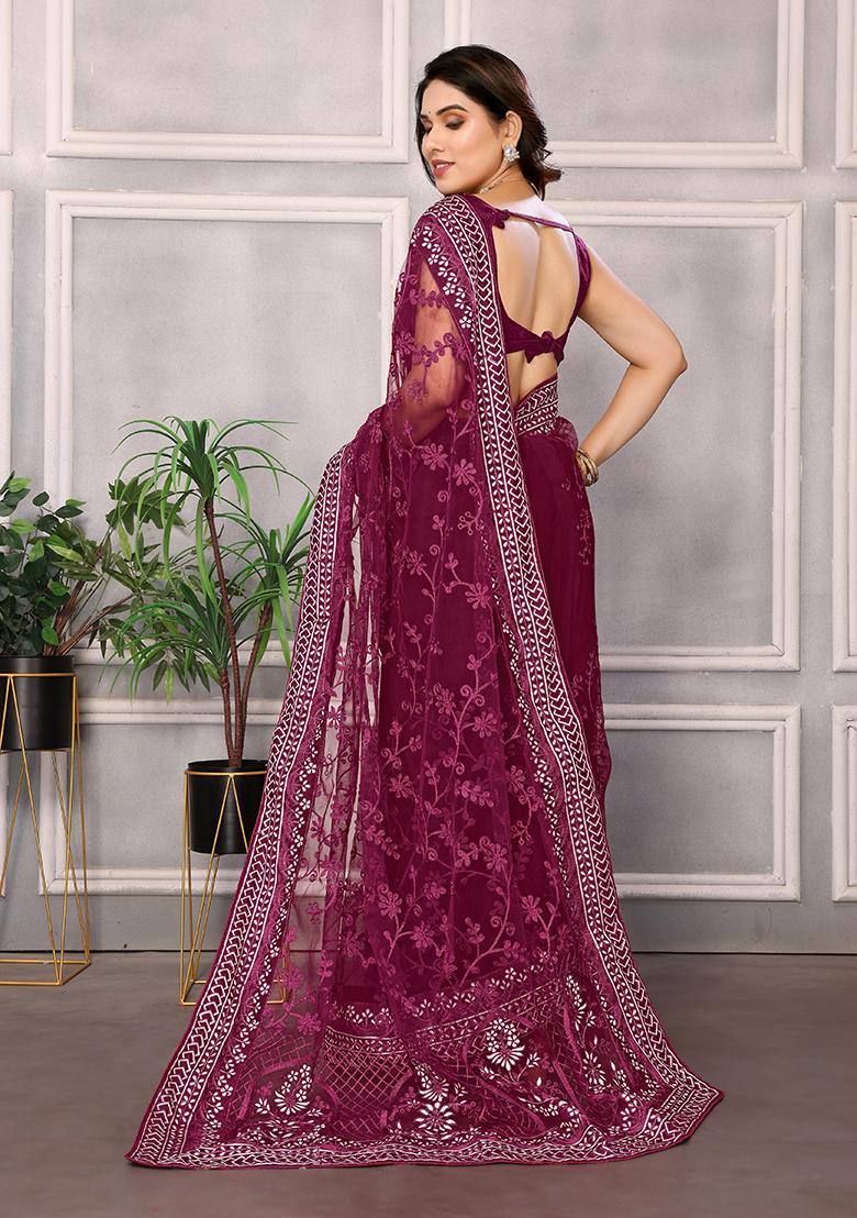 Wine Thread Embroidered Soft Net Saree Set