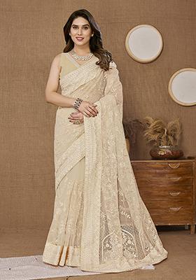 Beige Thread Embroidered Soft Net Saree Set