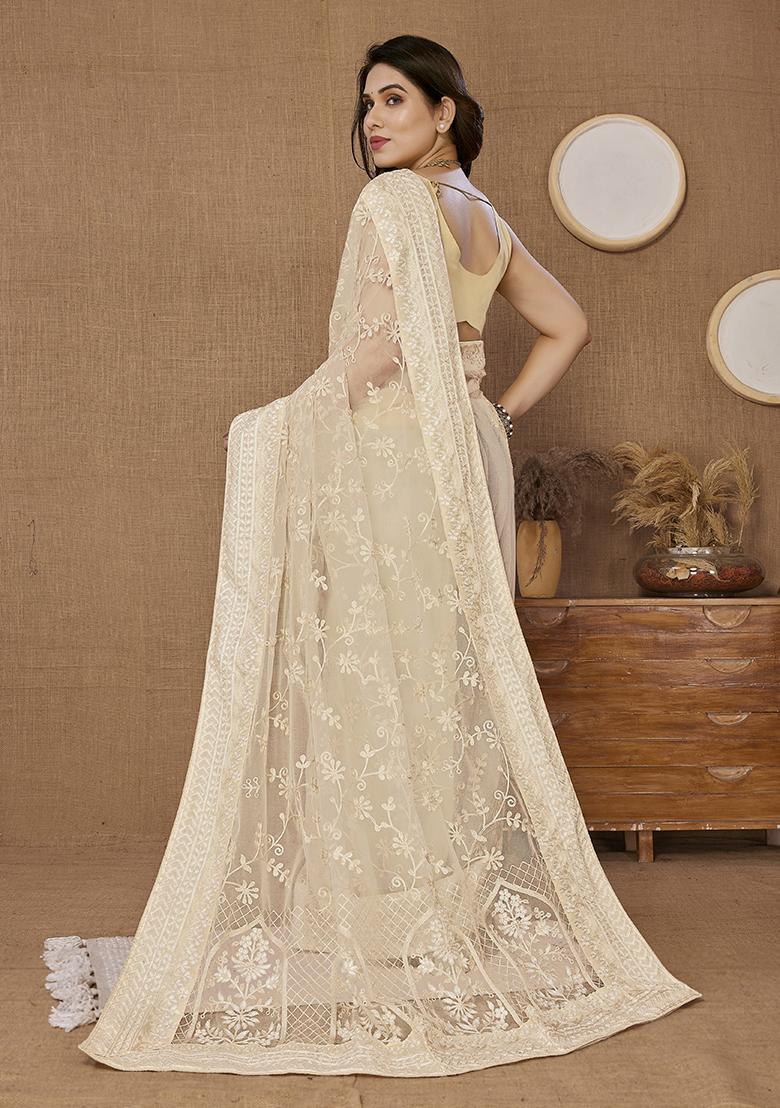 Beige Thread Embroidered Soft Net Saree Set