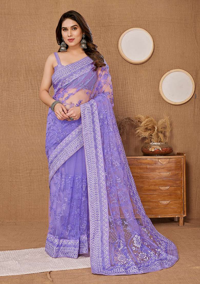 Violet Thread Soft Net Saree Set with Embroidered for Diwali | Wedding & Festive Wear - Indya