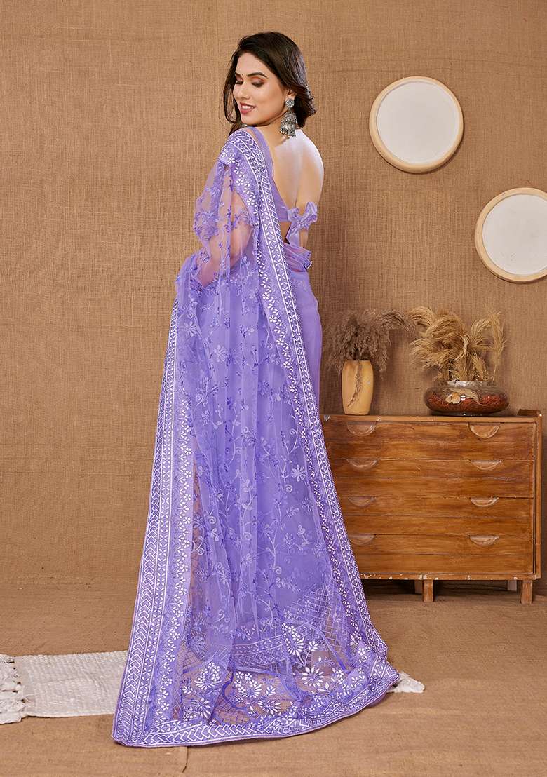 Violet Thread Soft Net Saree Set with Embroidered for Diwali | Wedding & Festive Wear - Indya