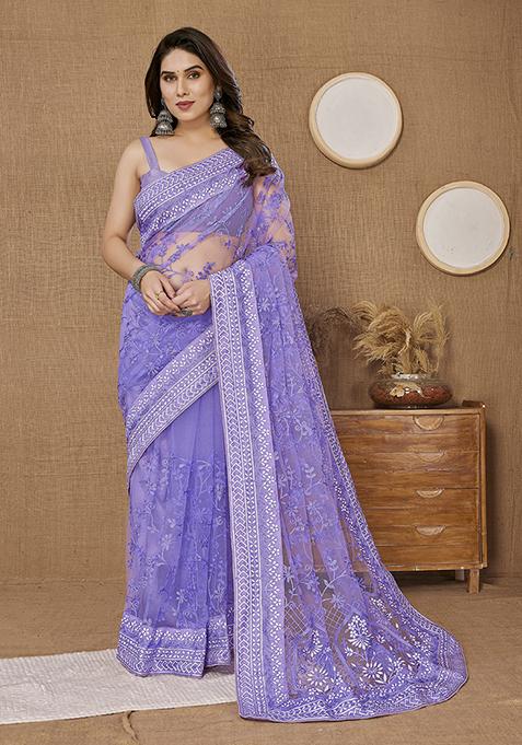 Violet Thread Embroidered Soft Net Saree Set