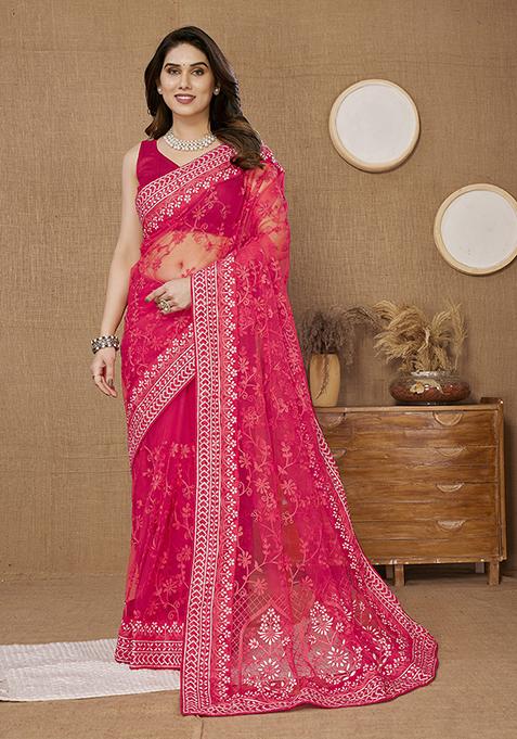 Pink Thread Embroidered Soft Net Saree Set