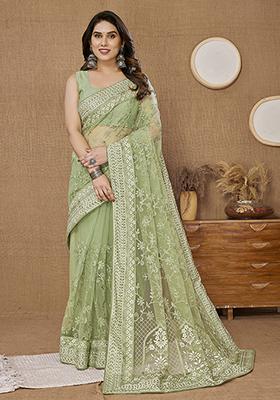 Pista Green Thread Embroidered Soft Net Saree Set