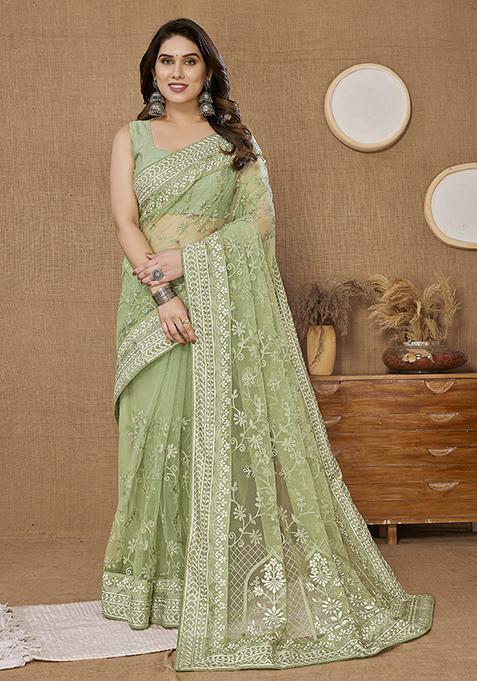 Pista Green Thread Embroidered Soft Net Saree Set