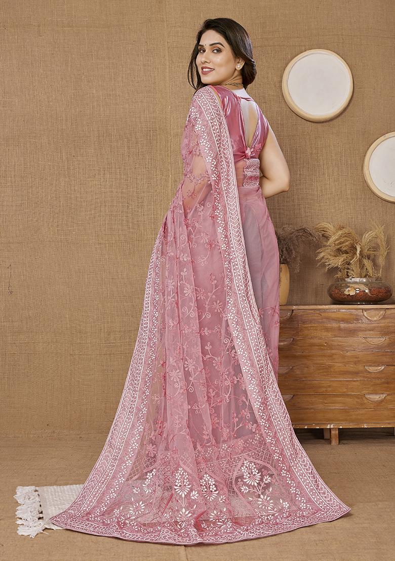 Pink Thread Embroidered Soft Net Saree Set