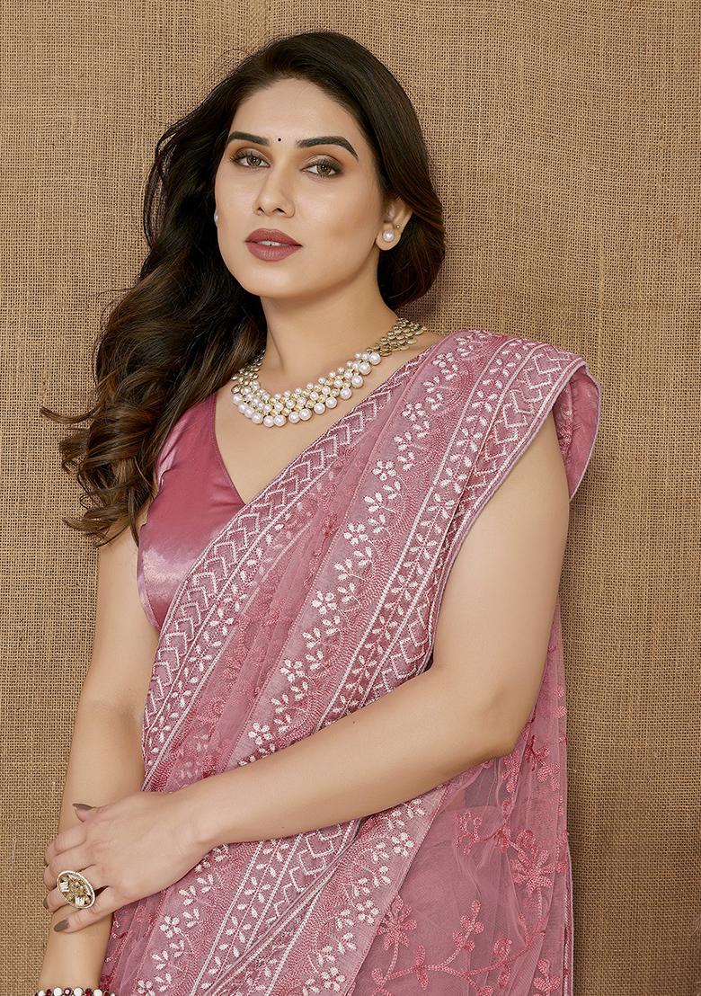 Pink Thread Embroidered Soft Net Saree Set