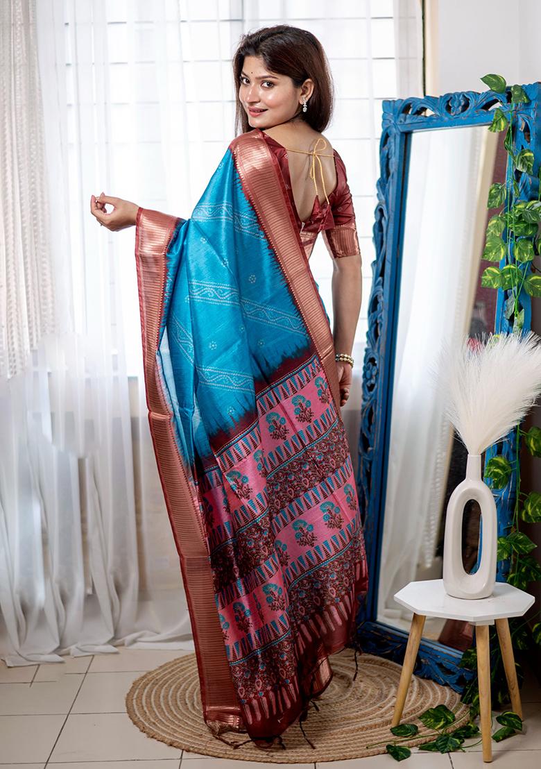 Blue Zari Woven Raw Silk Saree Set