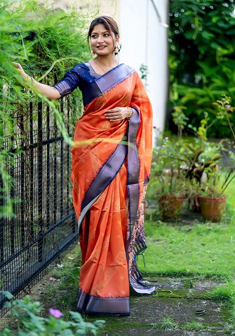 Orange Zari Woven Raw Silk Saree Set