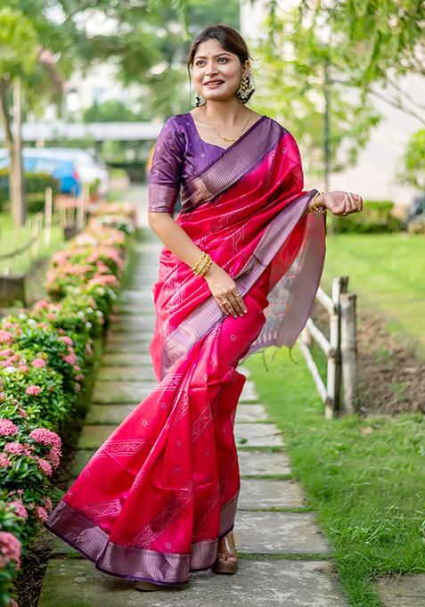 Pink Zari Woven Raw Silk Saree Set