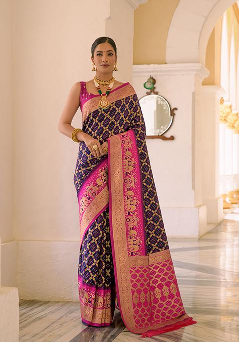 Navy Blue Woven Banarasi Silk Saree Set