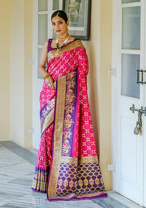 Pink Woven Banarasi Silk Saree Set