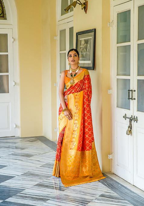 Red Woven Banarasi Silk Saree Set