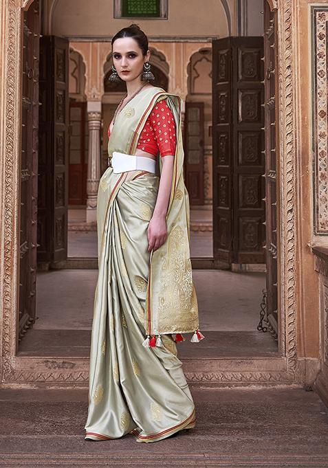 Grey Zari Woven Satin Silk Saree Set