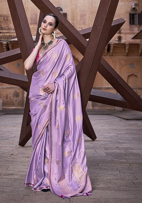 Lavender Zari Woven Satin Silk Saree Set