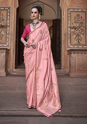 Peach Zari Woven Satin Silk Saree Set