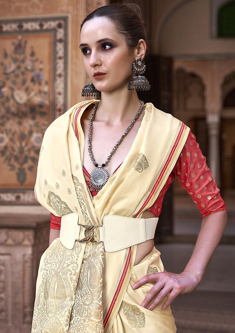 Cream Zari Woven Satin Silk Saree Set