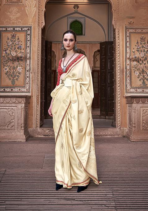 Cream Zari Woven Satin Silk Saree Set