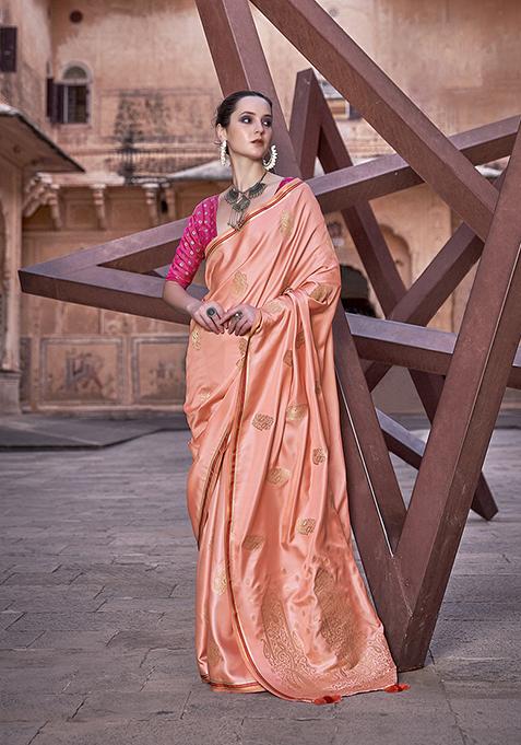 Orange Zari Woven Satin Silk Saree Set