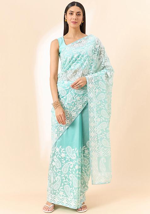 Blue Thread Embroidered Organza Saree Set