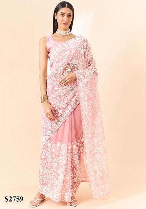 Pink Thread Embroidered Organza Saree Set